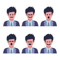 Set of six men with different facial emotions