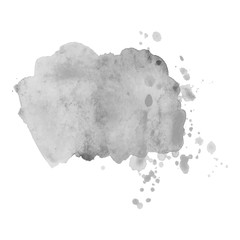 Gray watercolor spot with droplets, smudges, stains, splashes. Grayscale blot in grunge style.