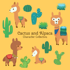 cute character set of cactus and alpaca