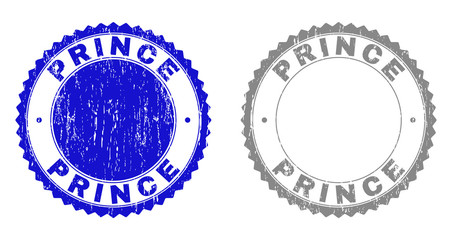 Grunge PRINCE stamp seals isolated on a white background. Rosette seals with grunge texture in blue and gray colors. Vector rubber stamp imitation of PRINCE tag inside round rosette.