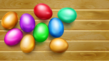 Fototapeta na wymiar Realistic colored Easter eggs with shadows on wooden planks