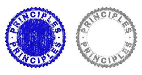 Grunge PRINCIPLES stamp seals isolated on a white background. Rosette seals with grunge texture in blue and grey colors. Vector rubber overlay of PRINCIPLES tag inside round rosette.