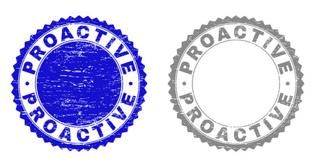 Grunge PROACTIVE stamp seals isolated on a white background. Rosette seals with distress texture in blue and grey colors. Vector rubber stamp imprint of PROACTIVE tag inside round rosette.