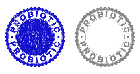 Grunge PROBIOTIC stamp seals isolated on a white background. Rosette seals with grunge texture in blue and gray colors. Vector rubber stamp imprint of PROBIOTIC caption inside round rosette.