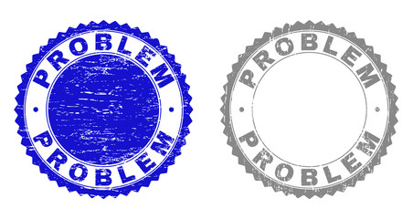 Grunge PROBLEM stamp seals isolated on a white background. Rosette seals with grunge texture in blue and grey colors. Vector rubber stamp imprint of PROBLEM label inside round rosette.