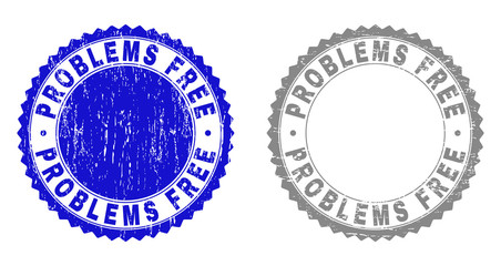 Grunge PROBLEMS FREE stamp seals isolated on a white background. Rosette seals with grunge texture in blue and grey colors. Vector rubber stamp imitation of PROBLEMS FREE label inside round rosette.