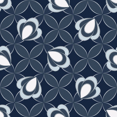 Seamless ornamental floral pattern with abstract flowers in monochrome dark blue colors. Vector geometric floral background in retro style
