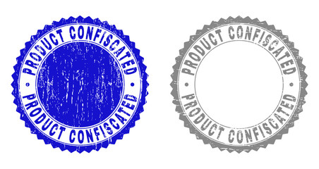 Grunge PRODUCT CONFISCATED stamp seals isolated on a white background. Rosette seals with distress texture in blue and gray colors.