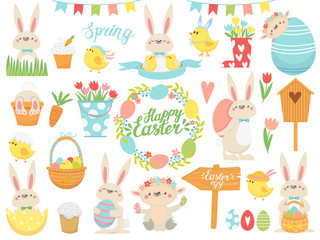 Happy Easter.  Set of Easter cute rabbit, chicken and eggs. Collection of design elements. Vector illustration