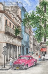 Fototapeta na wymiar Watercolor painting - Cuba Havana street contrasts