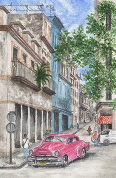 Watercolor painting - Cuba Havana street contrasts