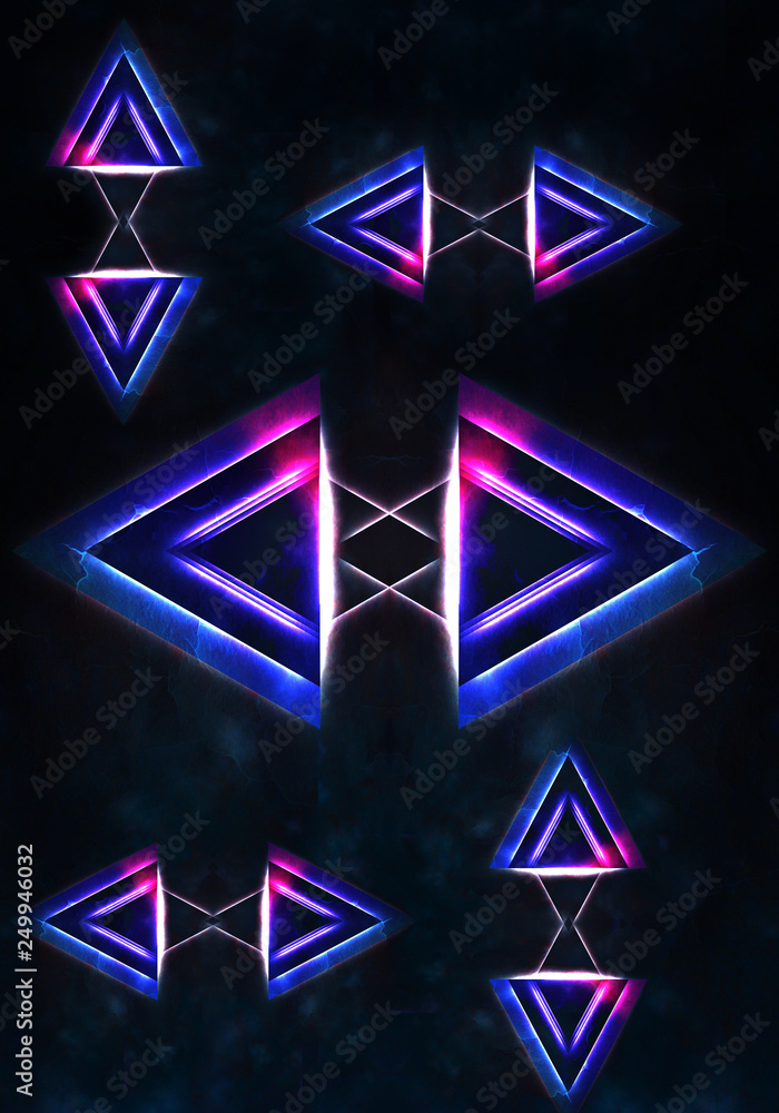 Poster abstract unique multicolored artistic triangles connected on a smoky background