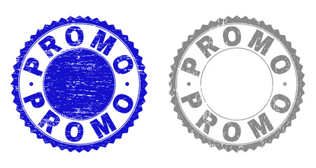 Grunge PROMO stamp seals isolated on a white background. Rosette seals with distress texture in blue and gray colors. Vector rubber stamp imprint of PROMO tag inside round rosette.