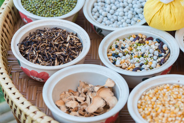 Herbs and spices with compressing ball ingredients for aromatic therapy massage used by beauty experts to treat skin in the spa for relaxing skin care beauty healthcare Thai herbs concept