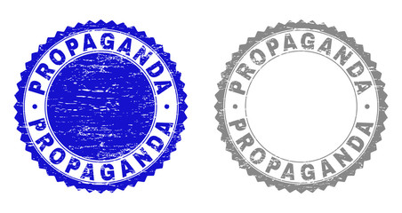 Grunge PROPAGANDA stamp seals isolated on a white background. Rosette seals with grunge texture in blue and gray colors. Vector rubber stamp imprint of PROPAGANDA caption inside round rosette.