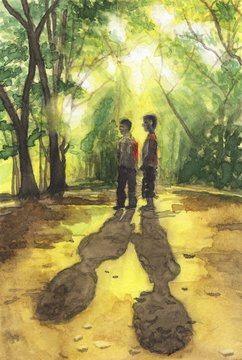 Two boys in a forest and shadows