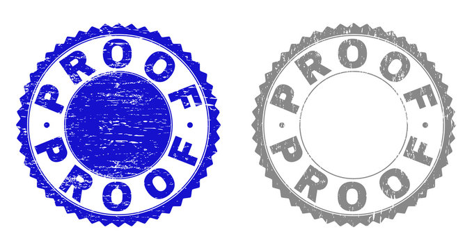 Grunge PROOF stamp seals isolated on a white background. Rosette seals with grunge texture in blue and gray colors. Vector rubber stamp imprint of PROOF title inside round rosette.