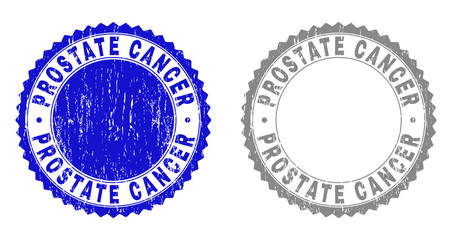 Obraz premium Grunge PROSTATE CANCER stamp seals isolated on a white background. Rosette seals with grunge texture in blue and gray colors. Vector rubber watermark of PROSTATE CANCER caption inside round rosette.