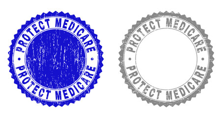 Grunge PROTECT MEDICARE stamp seals isolated on a white background. Rosette seals with distress texture in blue and grey colors.