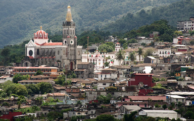 Panoramic view of the city, including the Parroquia de San Francisco de Asís church, Cuetzalan, Mexico.
