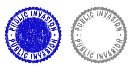 Grunge PUBLIC INVASION stamp seals isolated on a white background. Rosette seals with grunge texture in blue and gray colors.