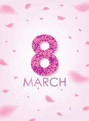 Pink 8 March with Scattered Flower Petals. International Women's Day Vector Design.
