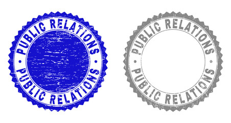 Grunge PUBLIC RELATIONS stamp seals isolated on a white background. Rosette seals with grunge texture in blue and gray colors.