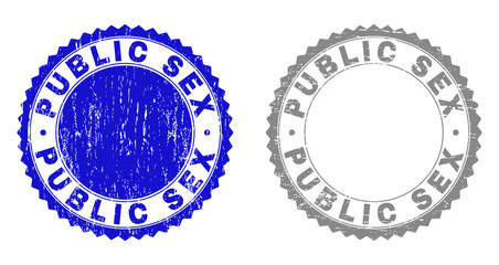 Grunge PUBLIC SEX stamp seals isolated on a white background. Rosette seals with grunge texture in blue and gray colors. Vector rubber watermark of PUBLIC SEX label inside round rosette.