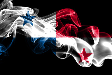 National flag of Panama made from colored smoke isolated on black background. Abstract silky wave background.
