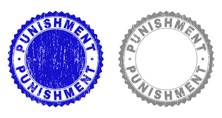 Grunge PUNISHMENT stamp seals isolated on a white background. Rosette seals with grunge texture in blue and grey colors. Vector rubber stamp imprint of PUNISHMENT caption inside round rosette.