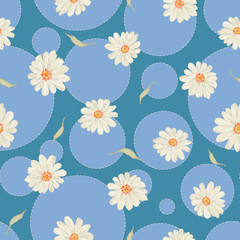 Seamless vector floral pattern with daisy flowers on polka dot background in white and blue colors. Ditsy print