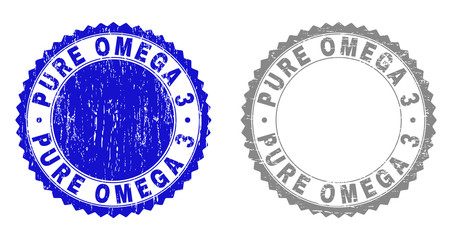 Grunge PURE OMEGA 3 stamp seals isolated on a white background. Rosette seals with grunge texture in blue and gray colors. Vector rubber stamp imprint of PURE OMEGA 3 caption inside round rosette.