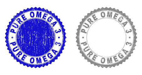 Grunge PURE OMEGA 3 stamp seals isolated on a white background. Rosette seals with grunge texture in blue and gray colors. Vector rubber stamp imprint of PURE OMEGA 3 caption inside round rosette.