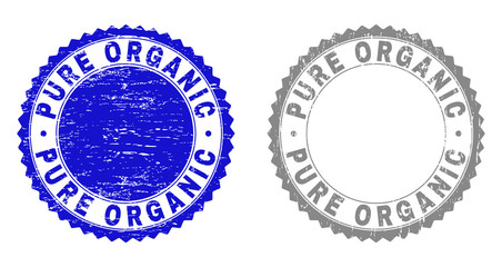 Obraz premium Grunge PURE ORGANIC stamp seals isolated on a white background. Rosette seals with grunge texture in blue and gray colors. Vector rubber stamp imitation of PURE ORGANIC text inside round rosette.