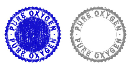Grunge PURE OXYGEN stamp seals isolated on a white background. Rosette seals with grunge texture in blue and gray colors. Vector rubber watermark of PURE OXYGEN title inside round rosette.