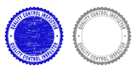 Obraz premium Grunge QUALITY CONTROL INSPECTOR stamp seals isolated on a white background. Rosette seals with grunge texture in blue and gray colors.