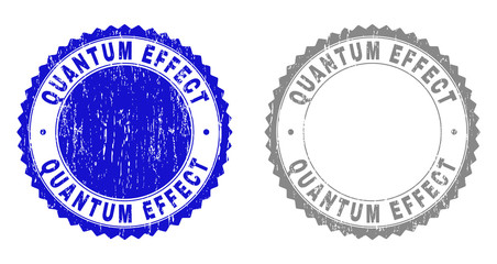 Grunge QUANTUM EFFECT stamp seals isolated on a white background. Rosette seals with grunge texture in blue and grey colors. Vector rubber watermark of QUANTUM EFFECT tag inside round rosette.