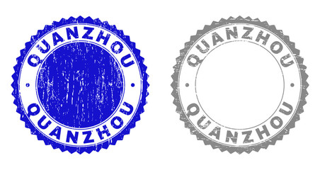 Obraz premium Grunge QUANZHOU stamp seals isolated on a white background. Rosette seals with grunge texture in blue and grey colors. Vector rubber stamp imprint of QUANZHOU tag inside round rosette.