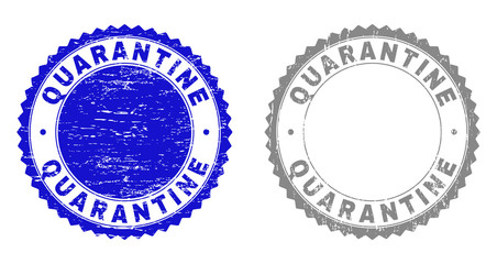 Grunge QUARANTINE stamp seals isolated on a white background. Rosette seals with grunge texture in blue and gray colors. Vector rubber stamp imitation of QUARANTINE text inside round rosette.