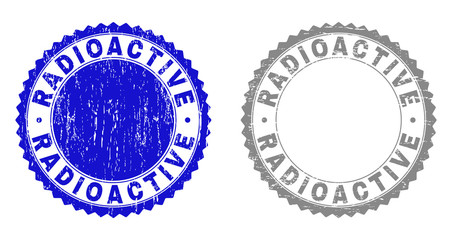Grunge RADIOACTIVE stamp seals isolated on a white background. Rosette seals with grunge texture in blue and gray colors. Vector rubber stamp imitation of RADIOACTIVE text inside round rosette.