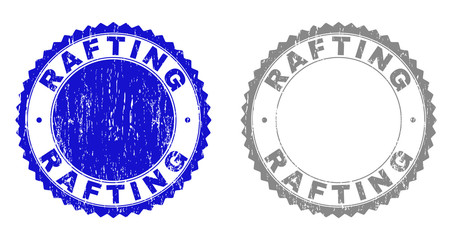 Grunge RAFTING stamp seals isolated on a white background. Rosette seals with grunge texture in blue and gray colors. Vector rubber stamp imprint of RAFTING label inside round rosette.