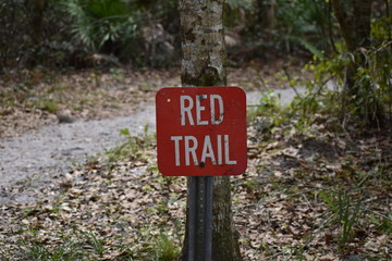 Red trail sign in forest