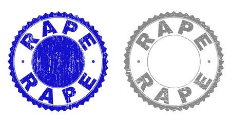 Grunge RAPE stamp seals isolated on a white background. Rosette seals with grunge texture in blue and gray colors. Vector rubber overlay of RAPE caption inside round rosette.