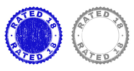 Grunge RATED 18 stamp seals isolated on a white background. Rosette seals with grunge texture in blue and gray colors. Vector rubber stamp imprint of RATED 18 text inside round rosette.