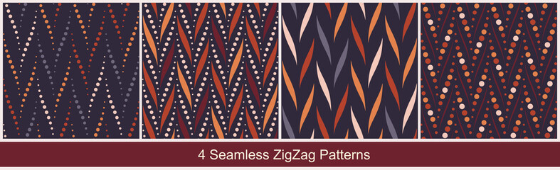 Seamless vector zigzag patterns with abstract geometric elements in warm brown colors on dark background. Set of abstract prints