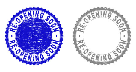 Grunge RE-OPENING SOON stamp seals isolated on a white background. Rosette seals with distress texture in blue and gray colors.