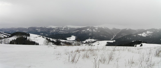 Ski resort Izki. Snowy mountain peak at panorama of Carpathian mountains. Ukraine.