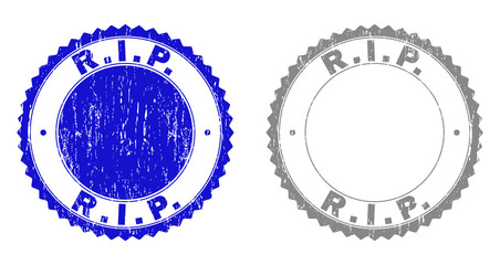 Grunge R.I.P. stamp seals isolated on a white background. Rosette seals with grunge texture in blue and gray colors. Vector rubber stamp imprint of R.I.P. label inside round rosette.