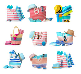 Set of stylish beach accessories on white background