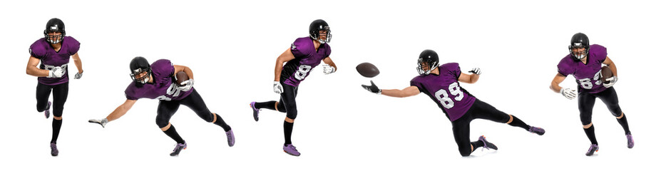 Set of American football player in uniform with ball on white background © New Africa